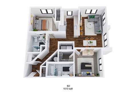 Floor plan for 2 beds, 2 baths, 1013 sqft